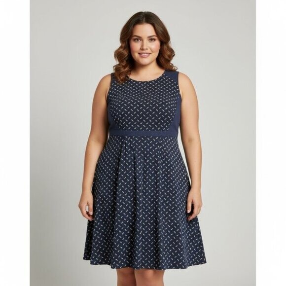 Tommy Hilfiger Navy Geometric Pleated Fit & Flare Dress Size 18 - Picture 3 of 9